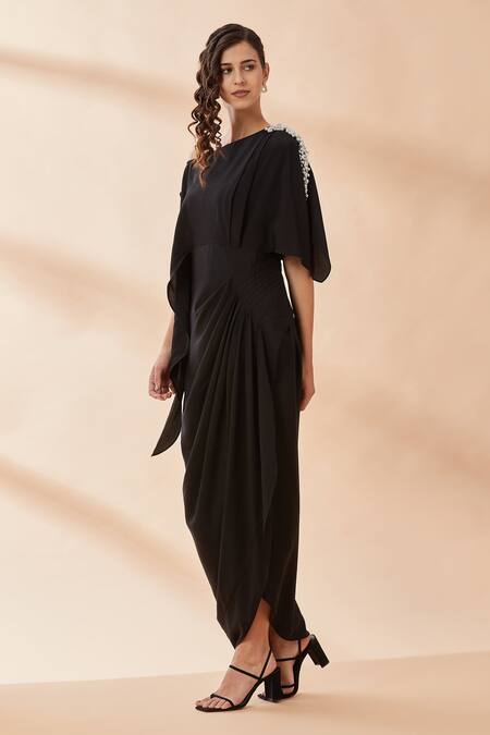 Buy_Aakaar_Black Modal Pearls One Shoulder Dress_Online_at_Aza_Fashions