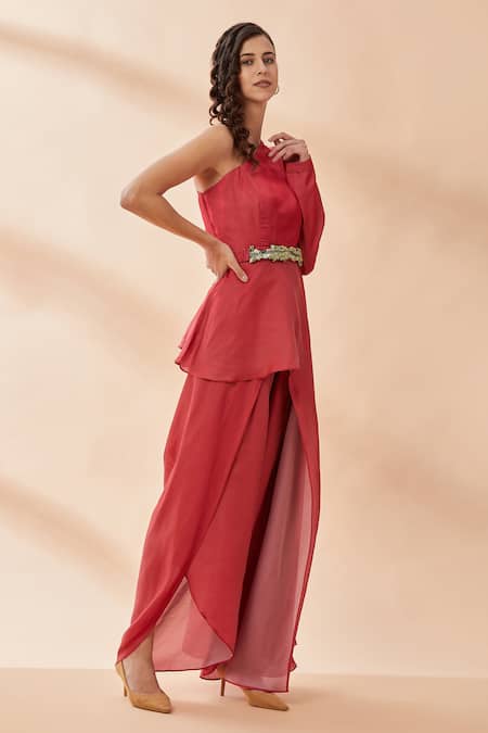 Aakaar_Red Silk Tissue One Shoulder Top And Draped Pant Set_Online_at_Aza_Fashions
