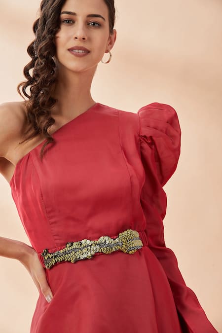 Shop_Aakaar_Red Silk Tissue One Shoulder Top And Draped Pant Set_Online_at_Aza_Fashions