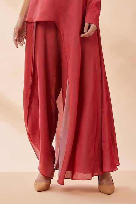 Aakaar_Red Silk Tissue One Shoulder Top And Draped Pant Set_at_Aza_Fashions
