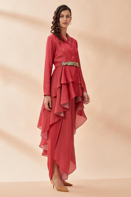 Aakaar Red Silk Tissue Collared Neck Layered Top And Draped Pant Set Online at Aza Fashions Aakaar_Red Silk Tissue Collared Neck Layered Top And Draped Pant Set _Online_at_Aza_Fashions
