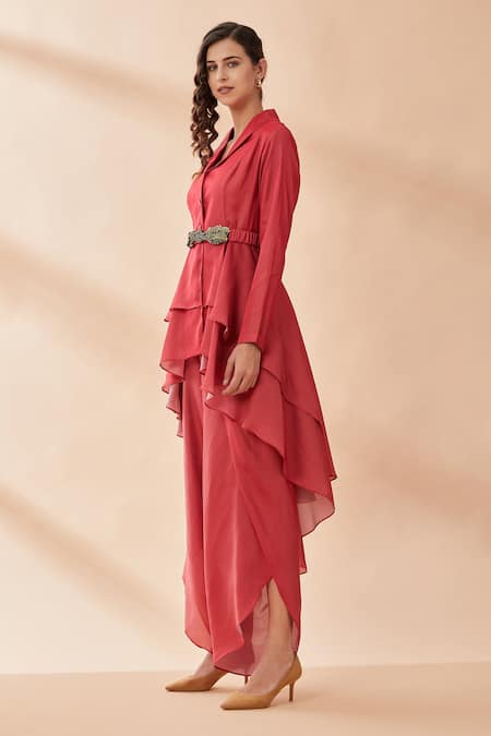 Buy Aakaar Red Silk Tissue Collared Neck Layered Top And Draped Pant Set Online at Aza Fashions Buy_Aakaar_Red Silk Tissue Collared Neck Layered Top And Draped Pant Set _Online_at_Aza_Fashions