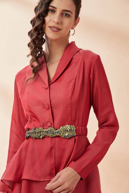 Shop Aakaar Red Silk Tissue Collared Neck Layered Top And Draped Pant Set Online at Aza Fashions Shop_Aakaar_Red Silk Tissue Collared Neck Layered Top And Draped Pant Set _Online_at_Aza_Fashions