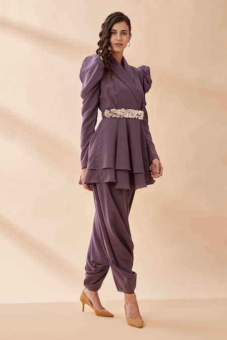 Aakaar_Purple Heavy Moss Sequin Collared Neck Layered Top And Draped Pant Set_Online_at_Aza_Fashions