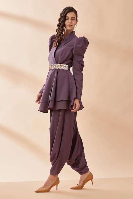 Buy_Aakaar_Purple Heavy Moss Sequin Collared Neck Layered Top And Draped Pant Set_Online_at_Aza_Fashions