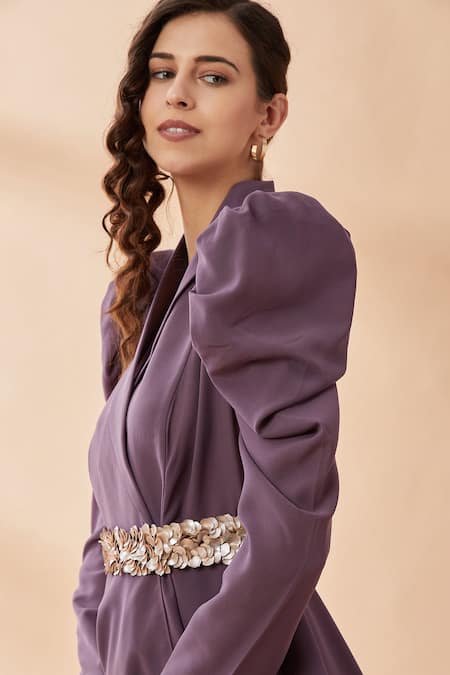 Shop_Aakaar_Purple Heavy Moss Sequin Collared Neck Layered Top And Draped Pant Set_Online_at_Aza_Fashions
