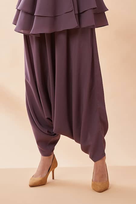 Aakaar_Purple Heavy Moss Sequin Collared Neck Layered Top And Draped Pant Set_at_Aza_Fashions