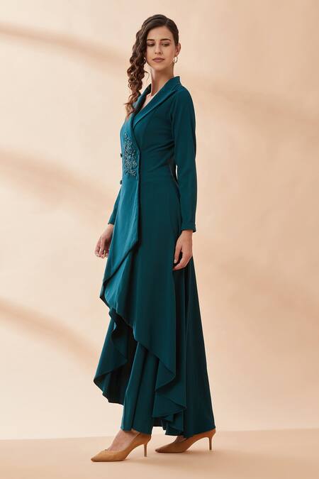 Buy_Aakaar_Green Heavy Moss Cutdana Collared Neck Blazer Style Tunic And Pant Set _Online_at_Aza_Fashions