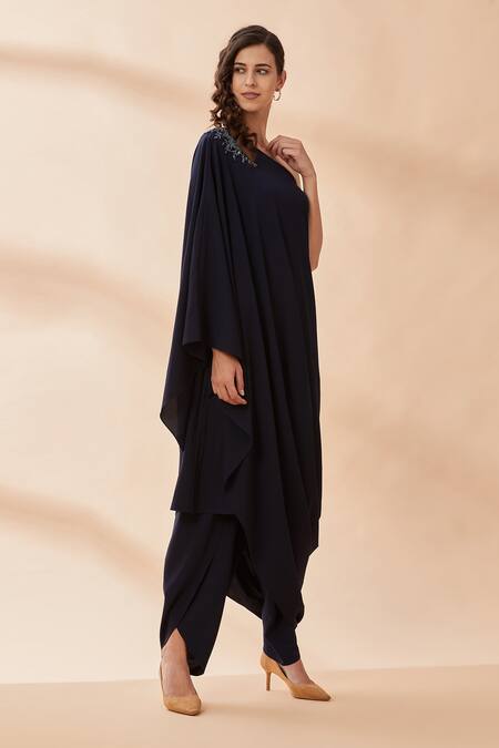 Aakaar_Blue Moss Crepe Cutdana One Shoulder Tunic And Draped Pant Set _Online_at_Aza_Fashions