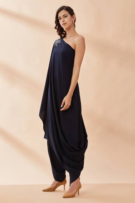 Buy_Aakaar_Blue Moss Crepe Cutdana One Shoulder Tunic And Draped Pant Set _Online_at_Aza_Fashions