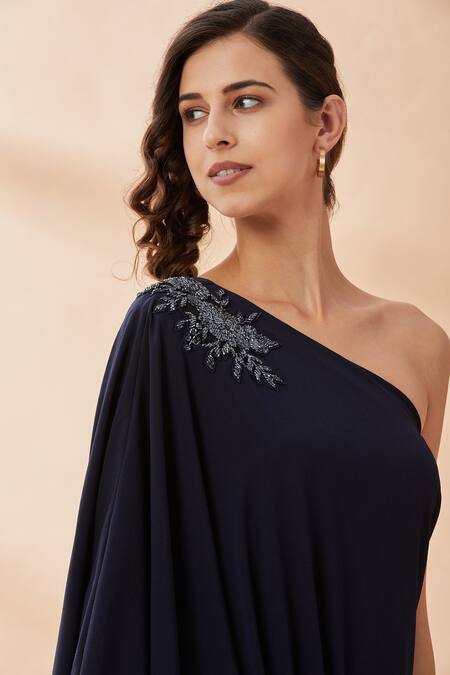 Shop_Aakaar_Blue Moss Crepe Cutdana One Shoulder Tunic And Draped Pant Set _Online_at_Aza_Fashions