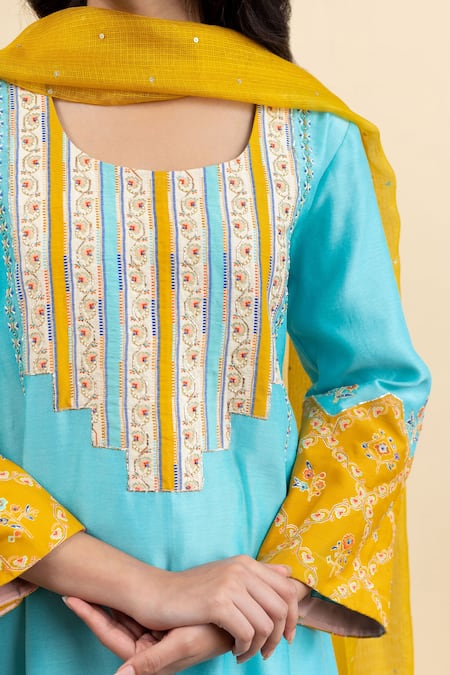 Shop_Pita Nila_Blue Chanderi, Kota Doria Beads, Sequins, Embroidery Kira A-line Kurta Pant Set _Online_at_Aza_Fashions