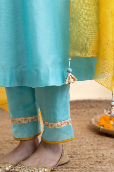 Pita Nila_Blue Chanderi, Kota Doria Beads, Sequins, Embroidery Kira A-line Kurta Pant Set _at_Aza_Fashions