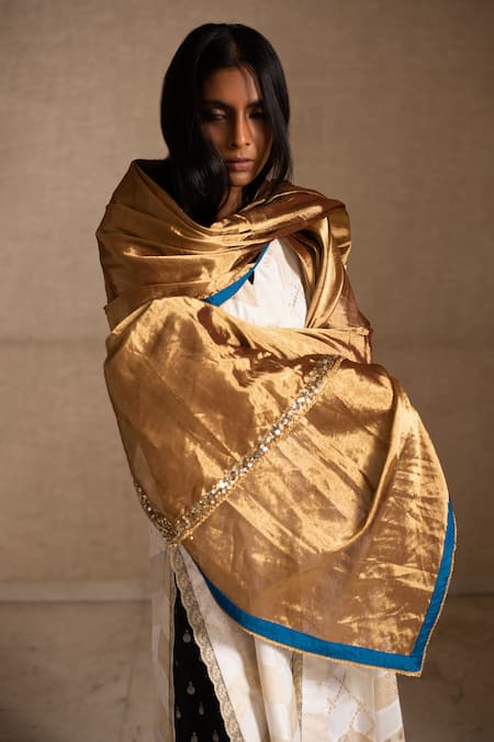 Shop_Priyanka Raajiv_Gold Silk Tissue Chanderi Embroidered Sequins Aabha Dupatta  _Online_at_Aza_Fashions