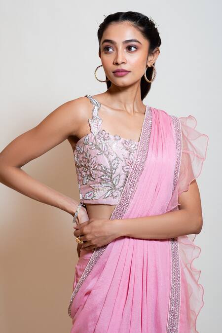 Buy_Smriti By Anju Agarwal_Pink Organza, Blouse Silk, Lining Taffeta, Saree Chinnon Pre-draped With _Online_at_Aza_Fashions