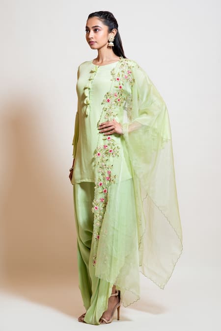 Smriti By Anju Agarwal_Green Dupatta Organza, Kurta Chinnon, Lining Taffeta, Set With Embroidered _Online_at_Aza_Fashions