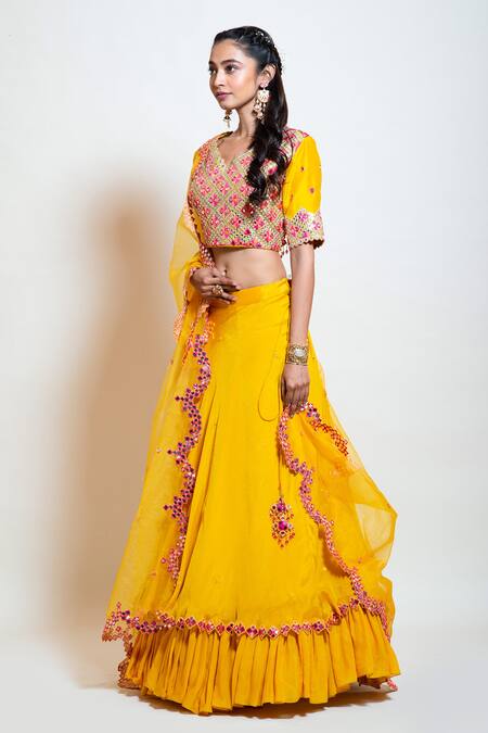 Smriti By Anju Agarwal_Yellow Chinnon, Blouse Silk, Dupatta Organza, Lehenga Set With Embroidered _Online_at_Aza_Fashions