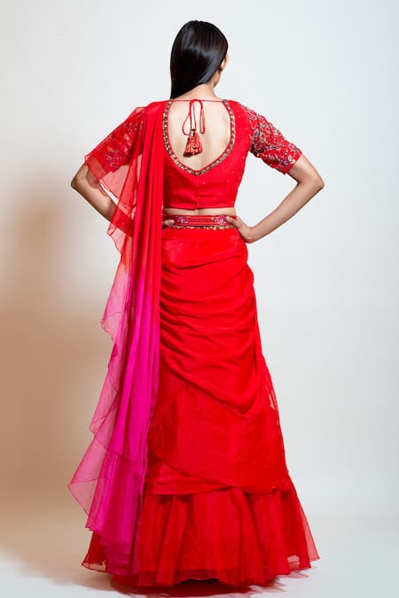 Buy Red And Orange Premium Net Lehenga Saree | Sari | indian Saree
