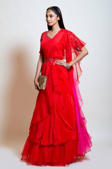 Smriti By Anju Agarwal Red Organza, Blouse Crepe, Lehenga Saree Crepe, Lining Pre-draped With Online at Aza Fashions Smriti By Anju Agarwal_Red Organza, Blouse Crepe, Lehenga Saree Crepe, Lining Pre-draped With _Online_at_Aza_Fashions
