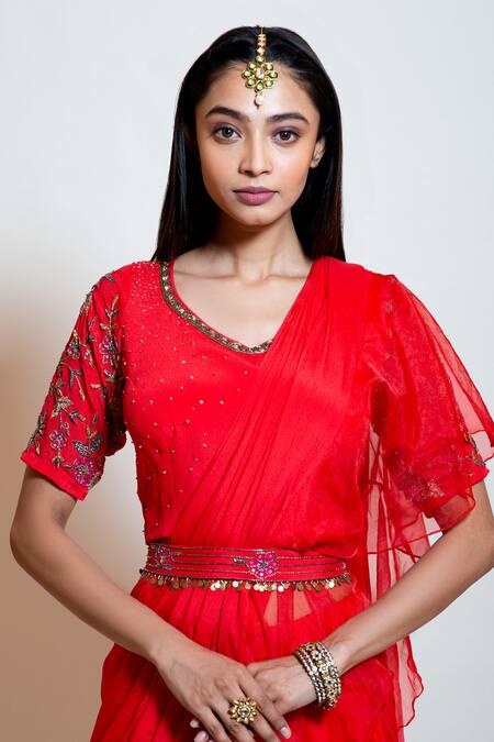 Buy Smriti By Anju Agarwal Red Organza, Blouse Crepe, Lehenga Saree Crepe, Lining Pre-draped With Online at Aza Fashions Buy_Smriti By Anju Agarwal_Red Organza, Blouse Crepe, Lehenga Saree Crepe, Lining Pre-draped With _Online_at_Aza_Fashions