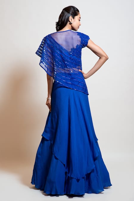 Shop Smriti By Anju Agarwal Blue Organza, Blouse Crepe, Lehenga Chinnon, Lining Embroidered Cape And Set at Aza Fashions Shop_Smriti By Anju Agarwal_Blue Organza, Blouse Crepe, Lehenga Chinnon, Lining Embroidered Cape And Set _at_Aza_Fashions