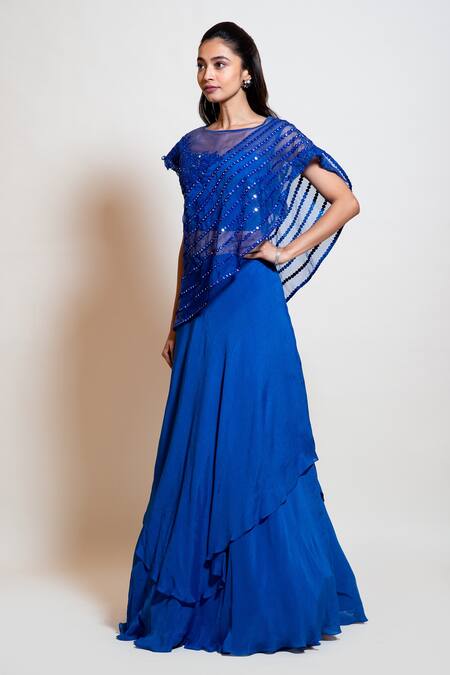 Smriti By Anju Agarwal Blue Organza, Blouse Crepe, Lehenga Chinnon, Lining Embroidered Cape And Set Online at Aza Fashions Smriti By Anju Agarwal_Blue Organza, Blouse Crepe, Lehenga Chinnon, Lining Embroidered Cape And Set _Online_at_Aza_Fashions