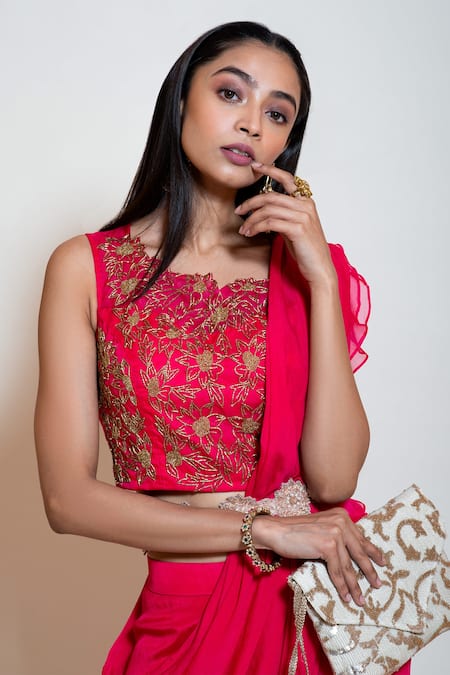 Buy_Smriti By Anju Agarwal_Fuchsia Sharara Pant Saree With Blouse _Online_at_Aza_Fashions