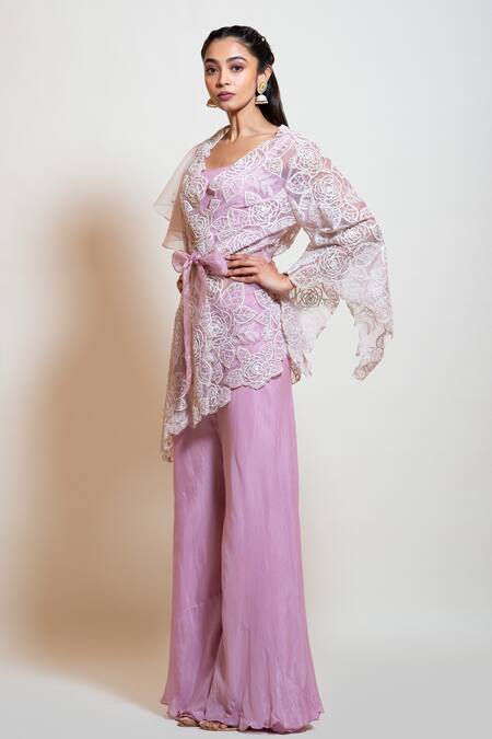 Smriti By Anju Agarwal_Purple Jacket Organza, Lining Taffeta, Pant Embellished And Palazzo Set _Online_at_Aza_Fashions