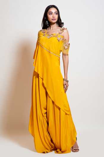 Smriti By Anju Agarwal_Yellow Organza, Crepe, Lining Taffeta Floral Embroidered Cape Jumpsuit _Online_at_Aza_Fashions