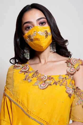 Buy_Smriti By Anju Agarwal_Yellow Organza, Crepe, Lining Taffeta Floral Embroidered Cape Jumpsuit _Online_at_Aza_Fashions