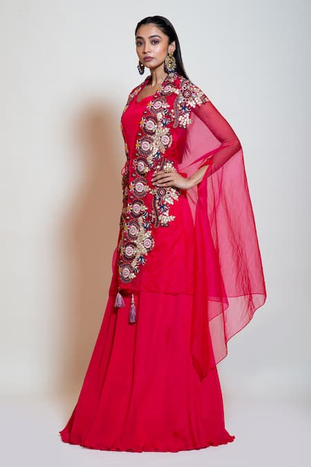 Smriti By Anju Agarwal_Fuchsia Blouse And Lehenga Crepe, Cape Organza, Lining Embellished Set _Online_at_Aza_Fashions