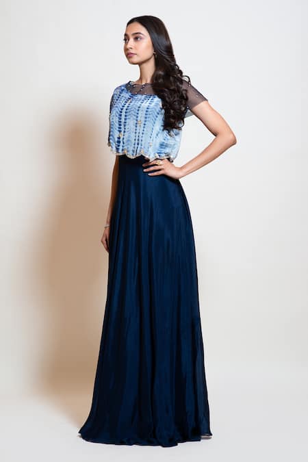 Smriti By Anju Agarwal_Blue Net, Crepe, Lining Taffeta Gota Work Leheriya Embellished Cape Gown _Online_at_Aza_Fashions