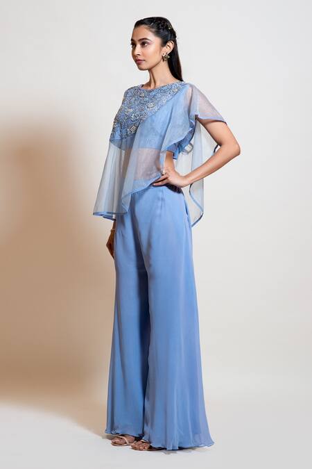Smriti By Anju Agarwal_Blue Cape Organza, Inner Top Crepe, Lining Taffeta, Embellished And Set _Online_at_Aza_Fashions