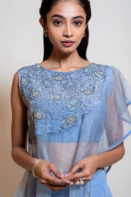 Buy_Smriti By Anju Agarwal_Blue Cape Organza, Inner Top Crepe, Lining Taffeta, Embellished And Set _Online_at_Aza_Fashions