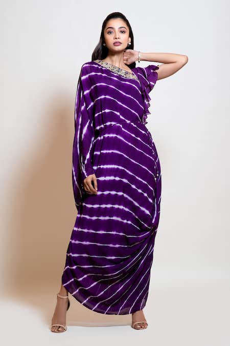 Smriti By Anju Agarwal Purple Net, Chinon, Lining Taffeta Mirror Work Leheriya Draped Kaftan 
