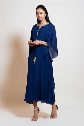 Smriti By Anju Agarwal_Blue Georgette, Lining Taffeta Mirror Work Notched Asymmetric Sleeve Kaftan _Online_at_Aza_Fashions