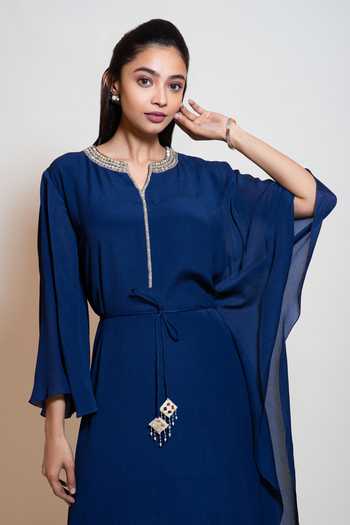 Buy_Smriti By Anju Agarwal_Blue Georgette, Lining Taffeta Mirror Work Notched Asymmetric Sleeve Kaftan _Online_at_Aza_Fashions