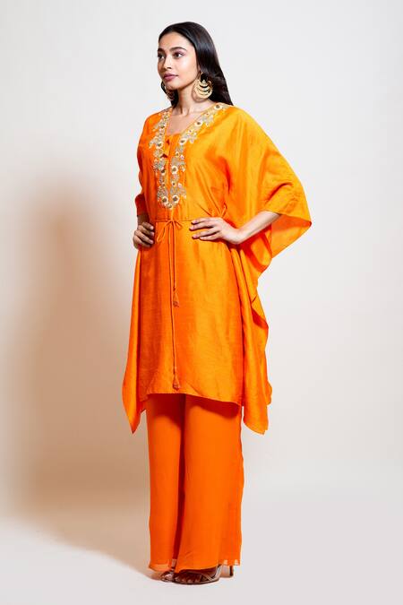 Smriti By Anju Agarwal Orange Kaftan Silk, Lining Taffeta, Pants Embroidered And Palazzo Set Online at Aza Fashions Smriti By Anju Agarwal_Orange Kaftan Silk, Lining Taffeta, Pants Embroidered And Palazzo Set _Online_at_Aza_Fashions