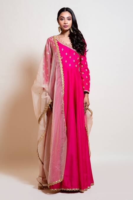 Smriti By Anju Agarwal Fuchsia Silk, Dupatta Organza, Lining Taffeta Gota And Embroidered Anarkali With Online at Aza Fashions Smriti By Anju Agarwal_Fuchsia Silk, Dupatta Organza, Lining Taffeta Gota And Embroidered Anarkali With _Online_at_Aza_Fashions