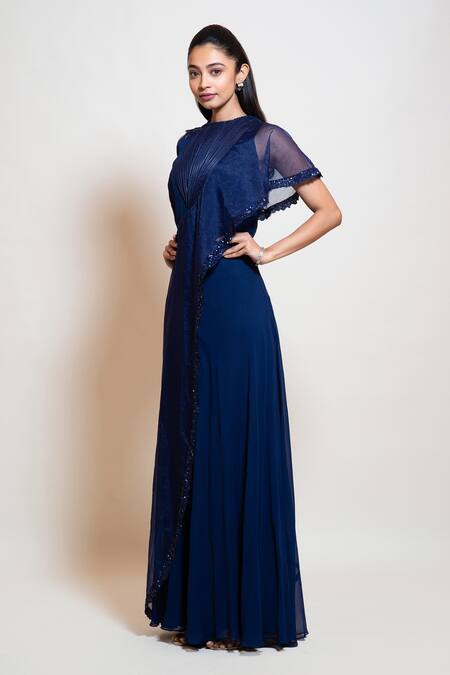 Smriti By Anju Agarwal_Blue Georgette, Lining Taffeta Sequin And Bead Work, Wired Draped Flared Jumpsuit _Online_at_Aza_Fashions