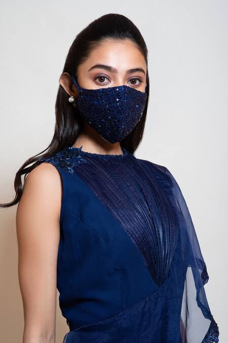 Buy_Smriti By Anju Agarwal_Blue Georgette, Lining Taffeta Sequin And Bead Work, Wired Draped Flared Jumpsuit _Online_at_Aza_Fashions