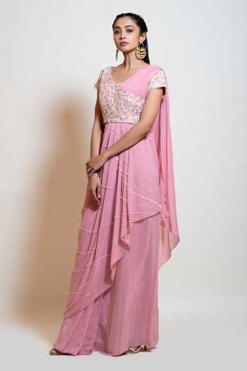Smriti By Anju Agarwal_Purple Crepe, Blouse Silk, Lining Taffeta Embellished Pre-draped Saree With _Online_at_Aza_Fashions