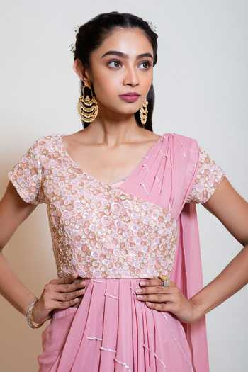 Buy_Smriti By Anju Agarwal_Purple Crepe, Blouse Silk, Lining Taffeta Embellished Pre-draped Saree With _Online_at_Aza_Fashions