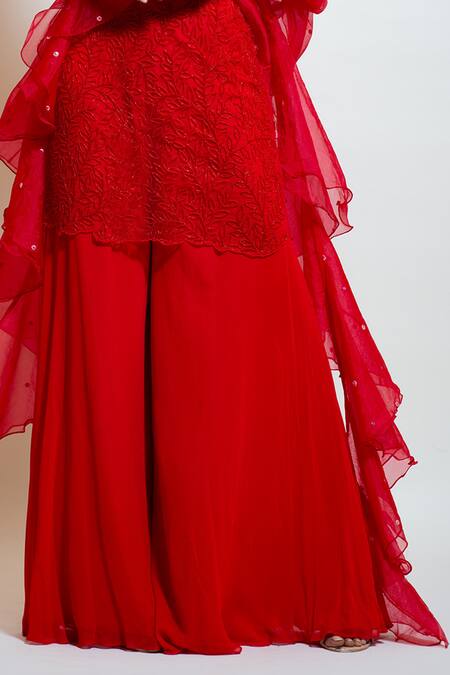 Shop_Smriti By Anju Agarwal_Red Bead Jaal Work Round Embellished Kurta Sharara Set _Online_at_Aza_Fashions