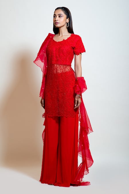 Smriti By Anju Agarwal_Red Bead Jaal Work Round Embellished Kurta Sharara Set _Online_at_Aza_Fashions