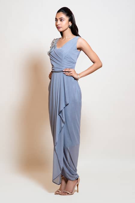 Smriti By Anju Agarwal_Grey Lycra, Lining Crepe 3d Flowers And Bead Work Surplice Pleated Draped Gown _Online_at_Aza_Fashions