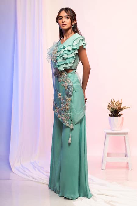 Smriti By Anju Agarwal Blue Cape Organza, Chinon Mirror, Thread And Sequin Work Embroidered Palazzo Set Online at Aza Fashions Smriti By Anju Agarwal_Blue Cape Organza, Chinon Mirror, Thread And Sequin Work Embroidered Palazzo Set _Online_at_Aza_Fashions