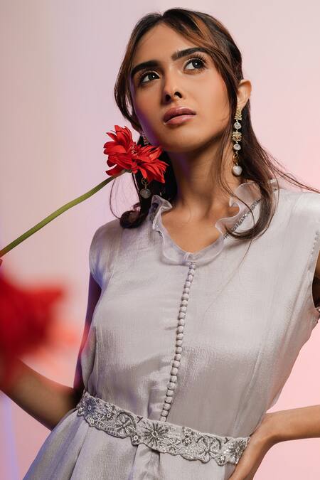 Buy_Smriti By Anju Agarwal_Grey Sharara Georgette, Top Chinon Sequin Work Peplum Tunic And Hipster Pant Set _Online_at_Aza_Fashions