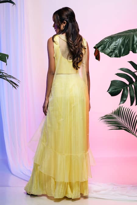 Shop_Smriti By Anju Agarwal_Yellow Blouse Georgette, Jacket Organza, Palazzo Chinon Sequin And Floral Set _at_Aza_Fashions