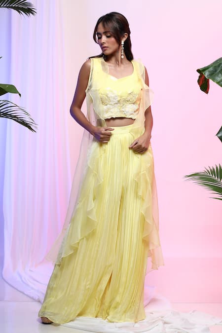 Smriti By Anju Agarwal_Yellow Blouse Georgette, Jacket Organza, Palazzo Chinon Sequin And Floral Set _Online_at_Aza_Fashions
